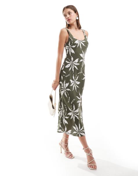 New Look midi slip dress in green floral