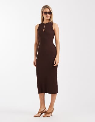 New Look - Midi-Strickkleid in Braun mit Schlüssellochausschnitt und sonnenförmiger Metallverzierung-Brown