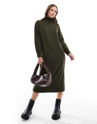 New Look - Midi-Strickkleid in Khaki mit Stehkragen-Grün