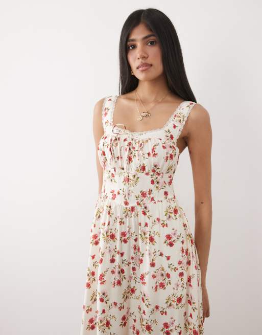 New Look – Midi-Trägerkleid in Cremeweiß mit Korsettdetail und Blümchenmuster, 2 von 4