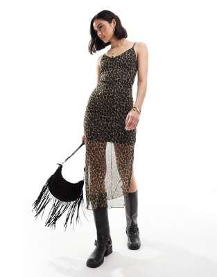 New Look - Midikjole Med Stropper Og Leopardprint I Mesh-Brun