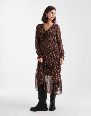 New Look - Midikleid aus Chiffon in Braun mit Blumenmuster und V-Ausschnitt-Brown