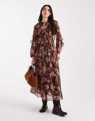 New Look - Midikleid aus Chiffon in Braun mit Muster-Brown