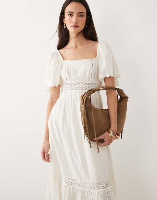 New Look – Midikleid aus Dobby-Stoff in Cremeweiß mit eckigem Ausschnitt und Häkeldetail, 2 von 4