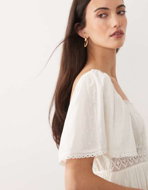 New Look – Midikleid aus Dobby-Stoff in Cremeweiß mit eckigem Ausschnitt und Häkeldetail, 3 von 4
