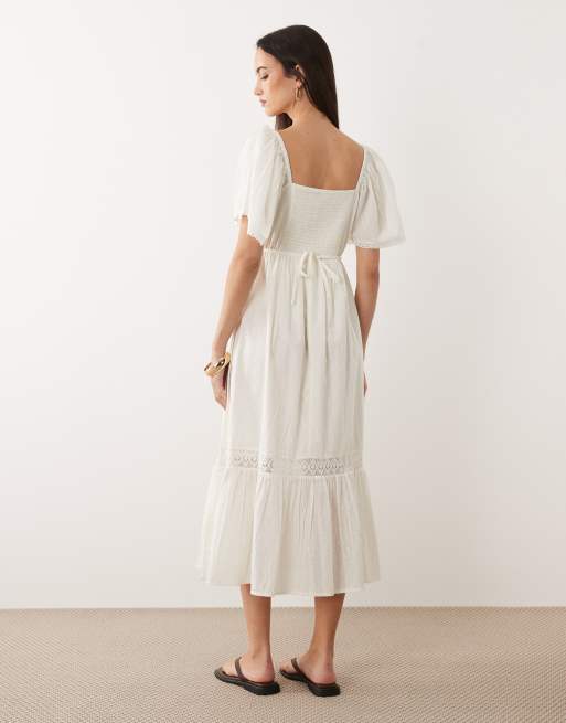 New Look – Midikleid aus Dobby-Stoff in Cremeweiß mit eckigem Ausschnitt und Häkeldetail, 4 von 4