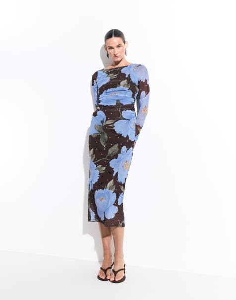 New Look Midikleid aus Mesh mit Polka-Dot- und Blumenmuster in Blau und Braun - view 1