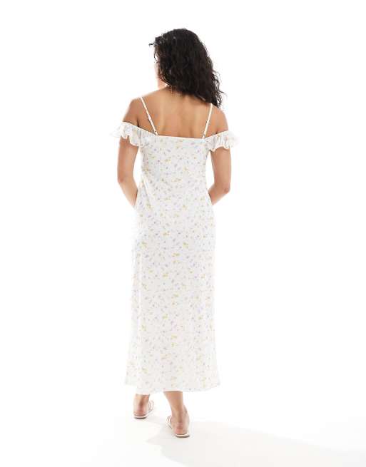 New Look – Midikleid aus Netzstoff in Weiß mit Blümchenmuster und Rüschen, 4 von 4