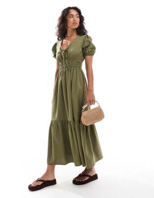 New Look - Midikleid aus Popeline in Khaki-Grün