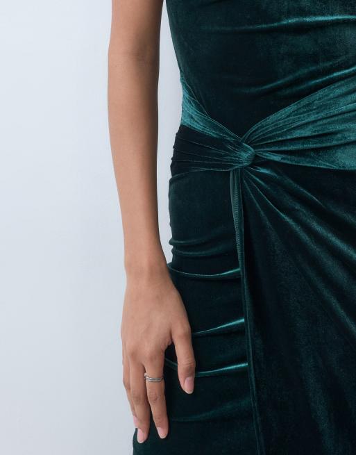 New Look Midikleid aus Samt mit Knotendetail und herabfallenden Schultern in Dunkelgrün, 3 von 4