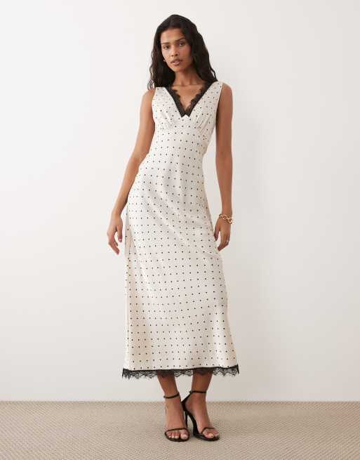 New Look – Midikleid aus Satin und Spitze in Creme mit Polka Dots, 2 von 4