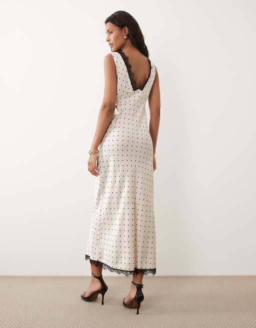New Look – Midikleid aus Satin und Spitze in Creme mit Polka Dots, 4 von 4