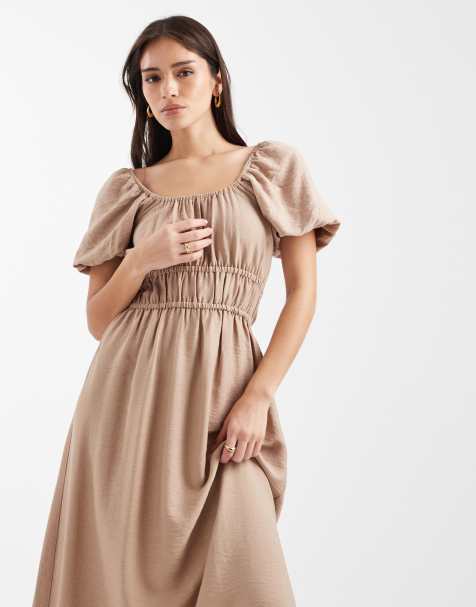 New Look – Midikleid im Milchmädchen-Stil in Camel - view 1
