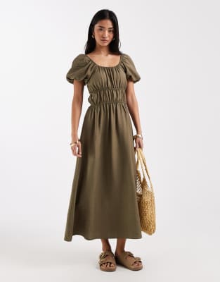 New Look - Midikleid im Milchmädchen-Stil in Khaki-Grün