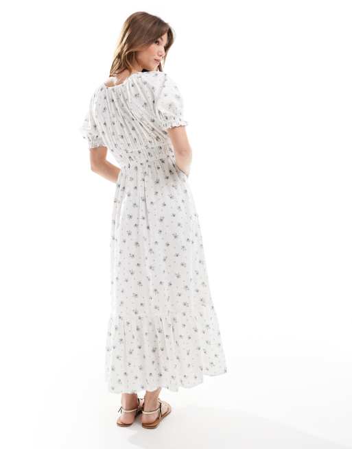New Look – Midikleid im Milchmädchen-Stil in Weiß mit Blümchenmuster, 4 von 4