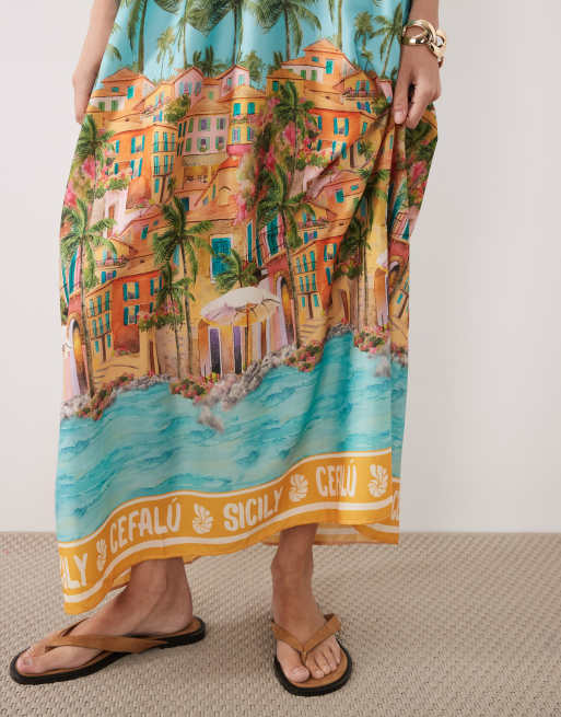 New Look – Midikleid in Gelb mit Riemchenträgern und „Sicily“-Printmotiv, 3 von 4