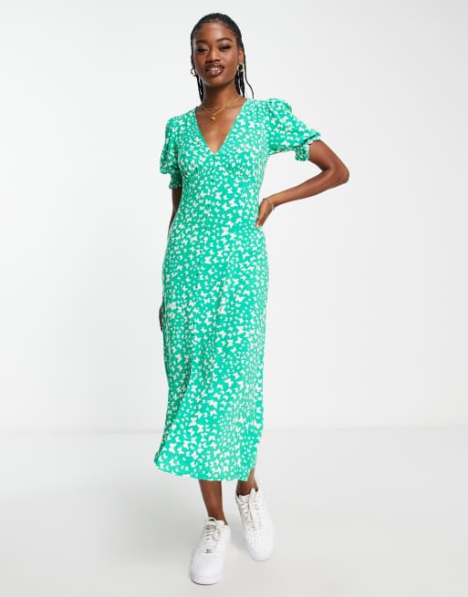 New Look – Midikleid in Grün mit Muster und Knopfleiste