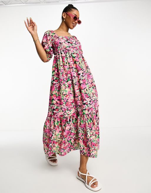 New Look – Midikleid in Schwarz mit eckigem Ausschnitt, Puffärmeln, Blumenmuster und gesmokter Rückseite