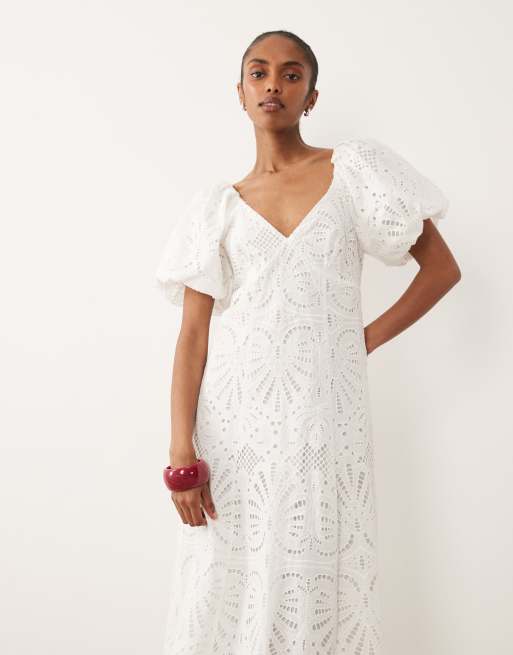 New Look – Midikleid in Weiß mit Puffärmeln, Cutwork-Design und Bindedetail am Rücken, 3 von 4