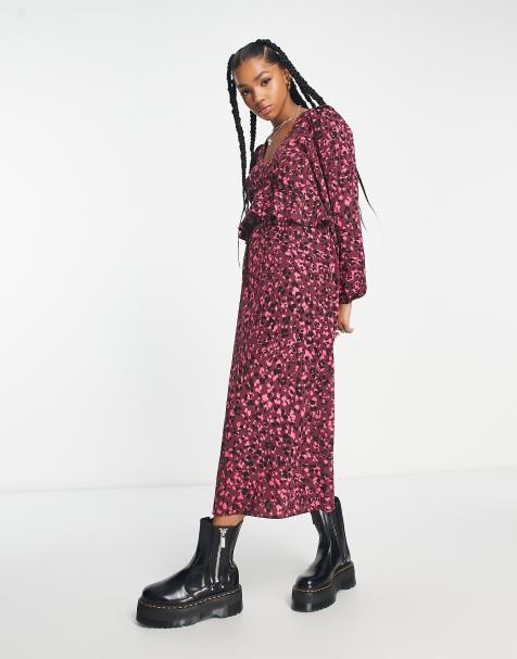 New Look – Midikleid mit langen Ärmeln und Rüschen in Rosa geblümt - view 1