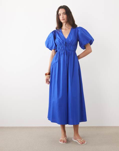 New Look – Midikleid mit Puffärmeln und V-Ausschnitt in leuchtendem Blau - view 1