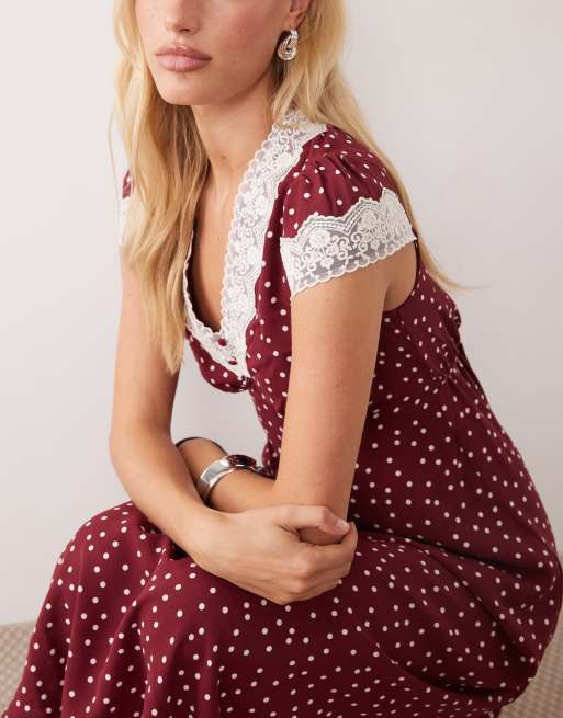 New Look Midikleid mit Spitzenbesatz in Burgunderrot mit Punkten, 3 von 4