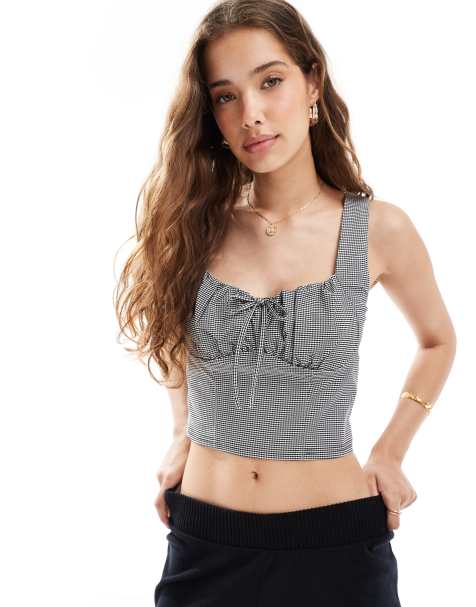 New Look – Milchmädchen-Oberteil aus Bengaline in Schwarz mit Vichy-Karo - view 1