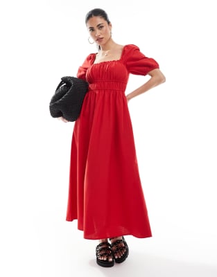 New Look - Milchmädchenkleid in Rot mit Puffärmeln