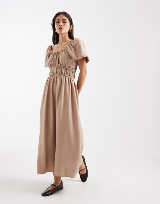 New Look milkmaid midi dress in camel, 3 of 4