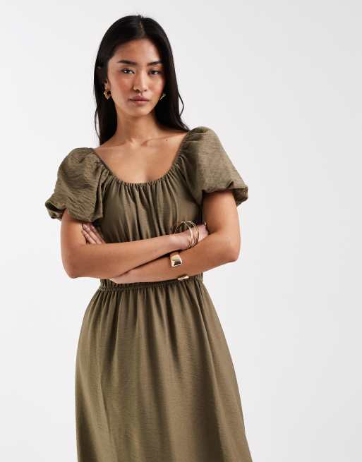 New Look milkmaid midi dress in khaki, 2 of 4