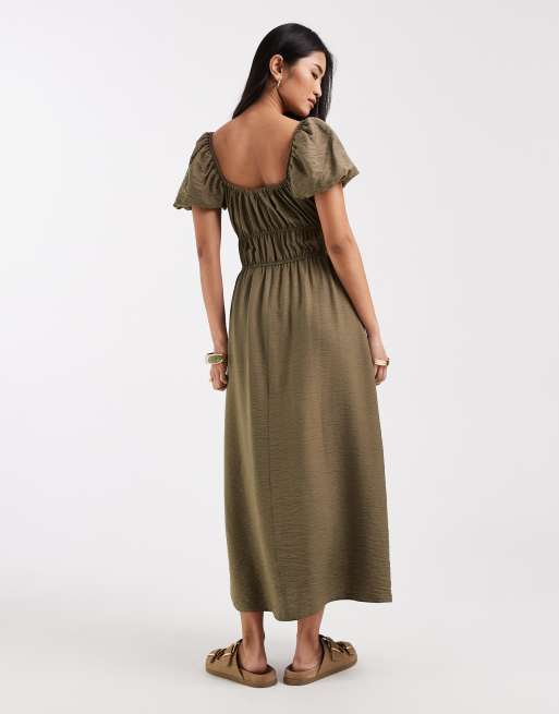 New Look milkmaid midi dress in khaki, 3 of 4