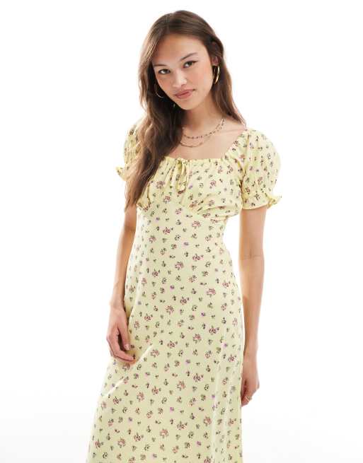 New Look milkmaid midi dress in yellow floral, 3 of 4