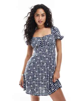 New Look milkmaid mini dress in blue gingham