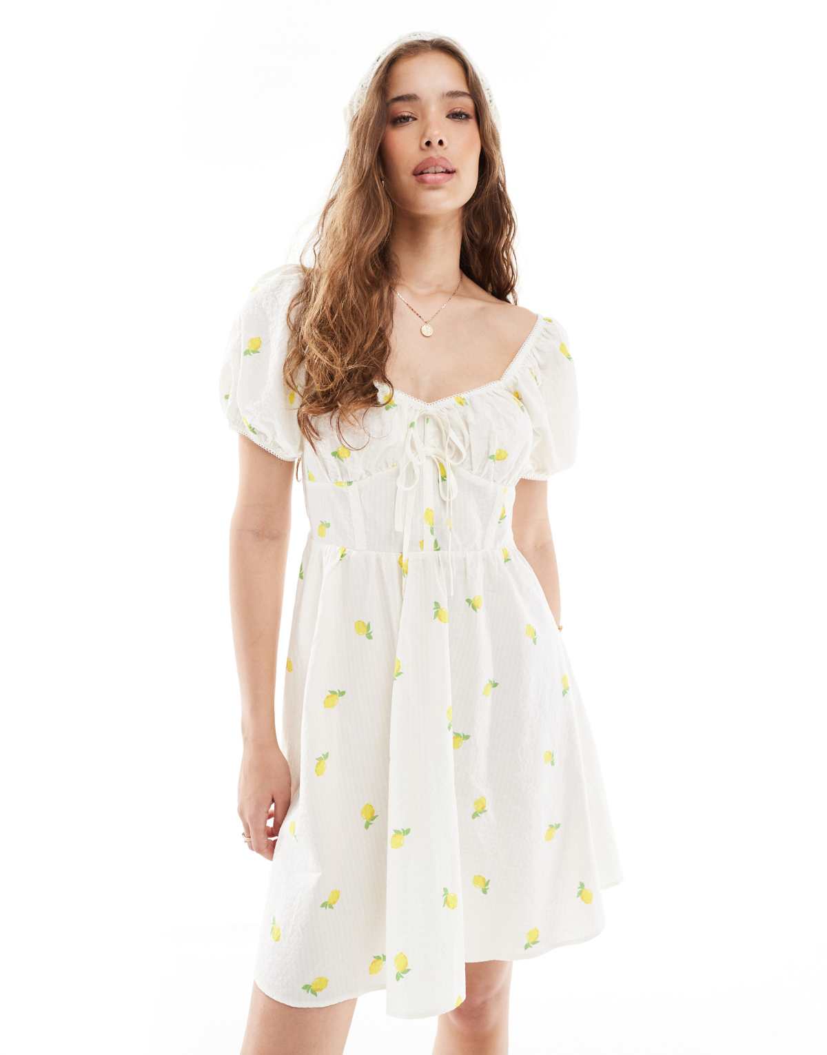 New Look milkmaid mini dress in lemon print