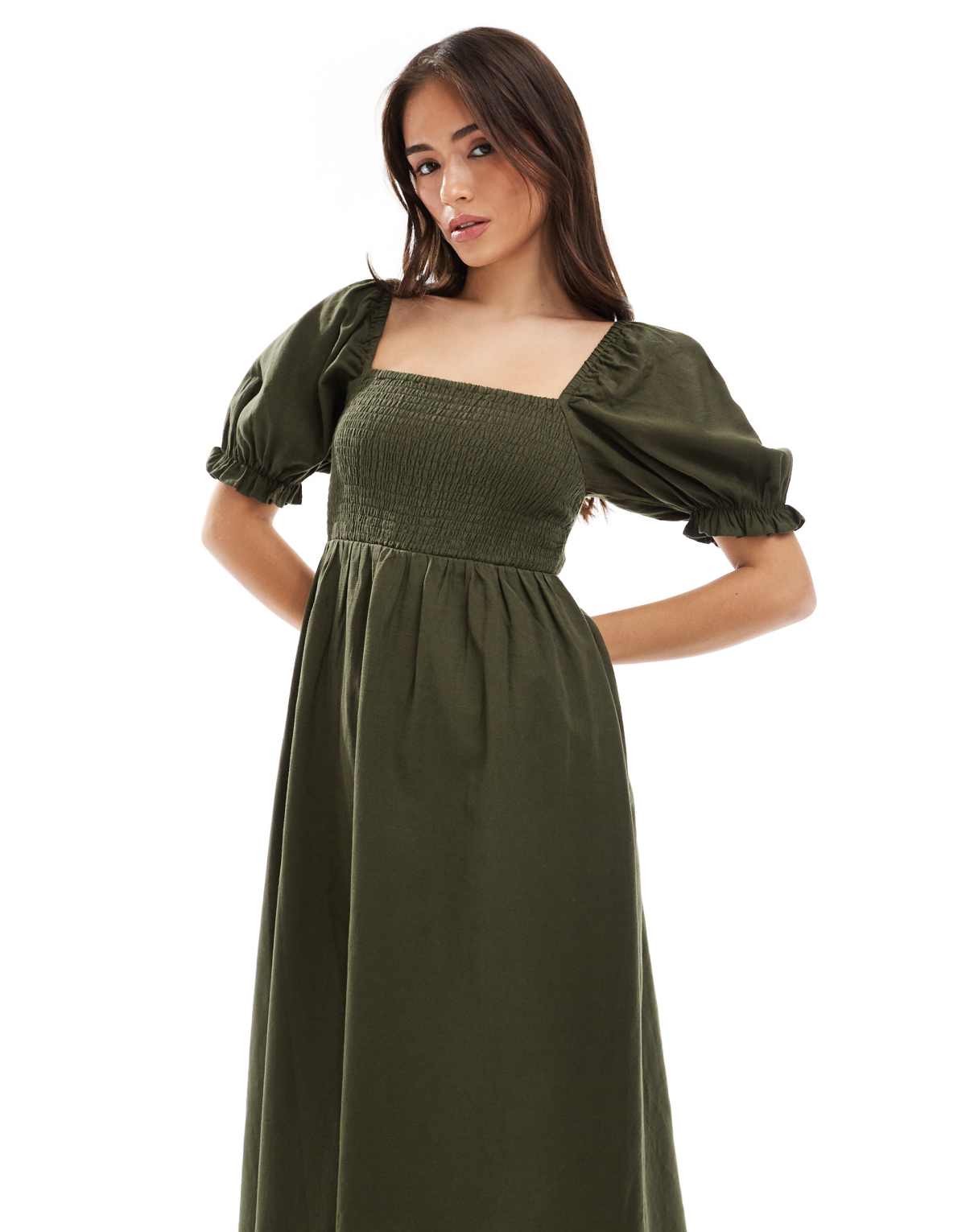 New Look milkmaid puff sleeve midi dress in khaki