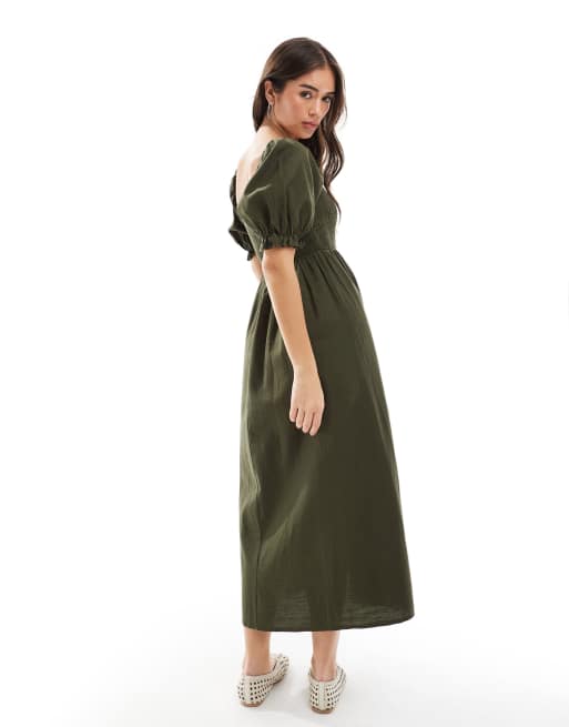 New Look milkmaid puff sleeve midi dress in khaki, 4 of 4