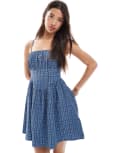 [New Look] New Look milkmaid ruched front mini dress in blue check 12 49-Blue Pattern