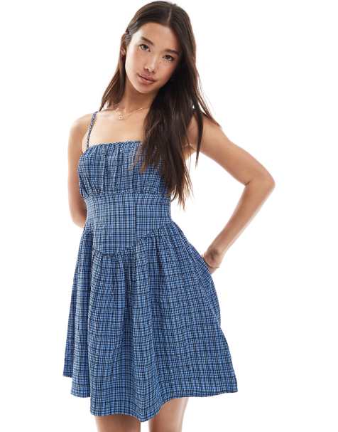 New Look milkmaid v-front mini dress in blue check - view 1