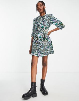 New Look collared mini dress in blue floral print