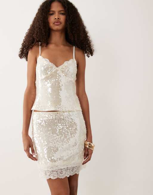 New Look - Ensemble à sequins bordé de dentelle - Crème, 2 de 3