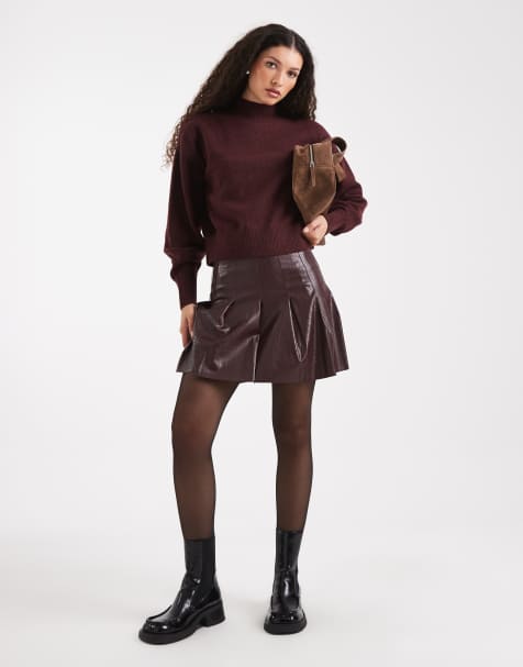 New Look - Mini-jupe plissé à motif croco - Bordeaux - view 1