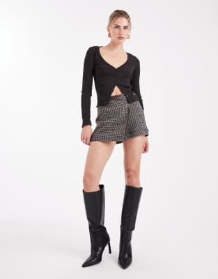 Mini-jupe short portefeuille à carreaux - Marron-Brown 46