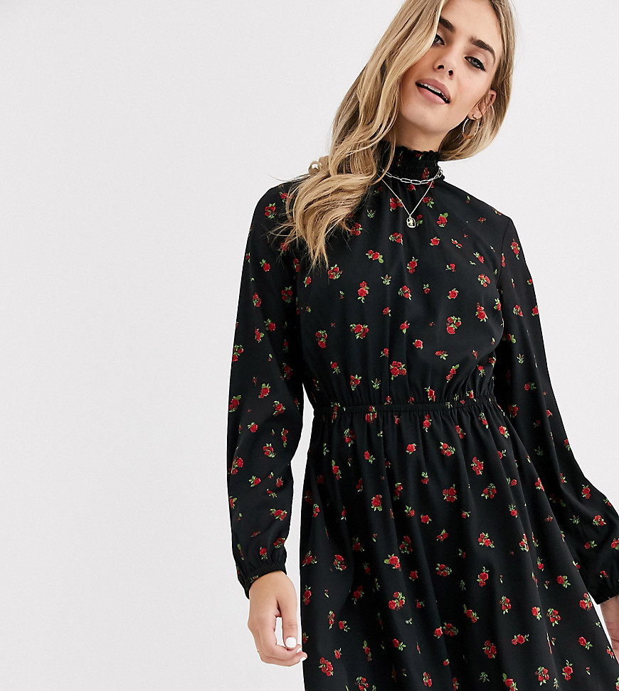 New Look - Mini-jurk met aangerimpelde hals en fijne bloemenprint-Zwart