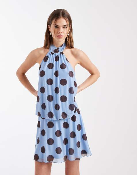 New Look - Mini jurk met halternek en stippenprint in blauw - view 1