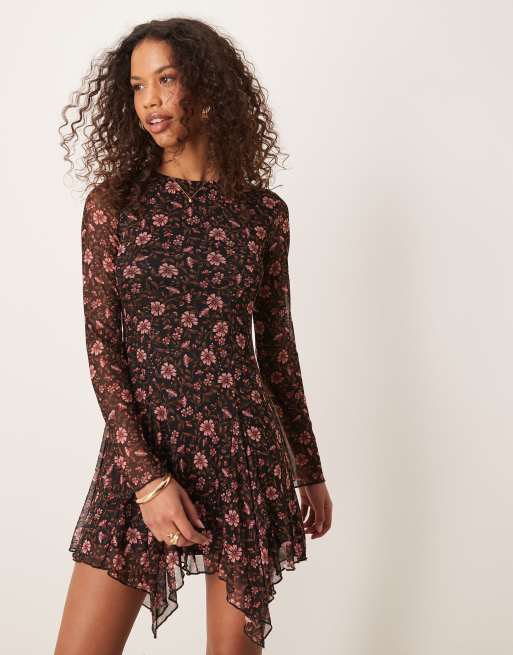 New Look - Mini jurk van mesh met lange mouwen in zwart met fijne print