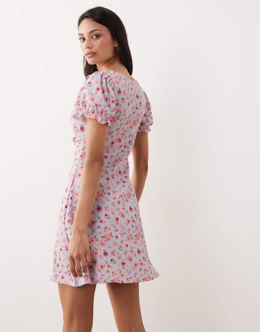 New Look – Mini-Milchmädchenkleid in Blau mit Blumenmuster, 2 von 4