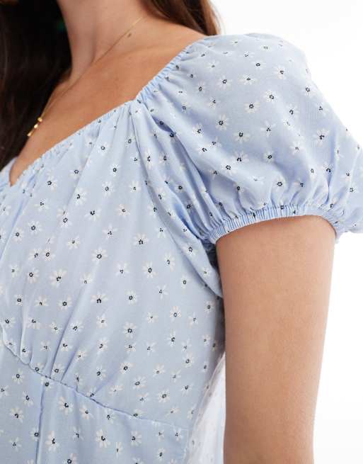 New Look mini milkmaid dress in blue ditsy floral