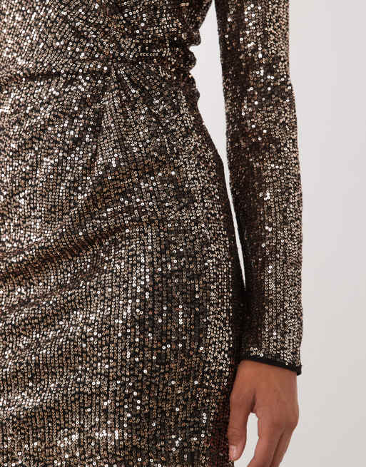 New Look mini-robe à sequins, nouée sur le devant, à manches longues, dorée, 4 de 4