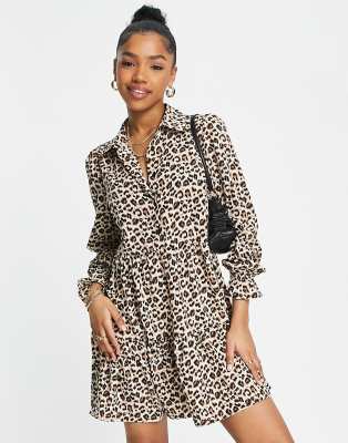 New Look Mini Shirt Smock Dress In Brown Animal Print