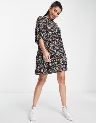 New Look mini smock dress in black floral